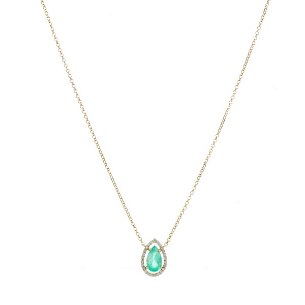 Colar Ouro Amarelo Gota Esmeralda Colombiana com Diamantes 18k 750